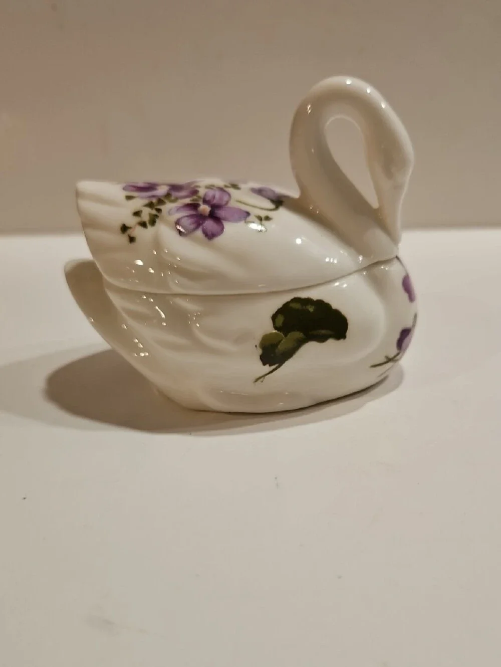 Fine Bone China Swan Trinket Box with Purple Floral Accents Hand Painted